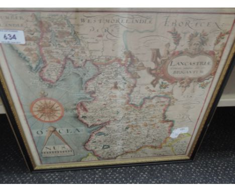 A 17th century map, Christopher Saxton, Lancashire, later coloured, 12in x 13inDISCOLOURATION, LIGHTER CENTRAL LINE. FRAMED D