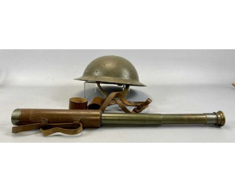 BRITISH MILITARIA WWII PERIOD ARMY HELMET, stamped 1939, and a Broadhurst Clarkson &amp; Co. leather cased three-drawer teles