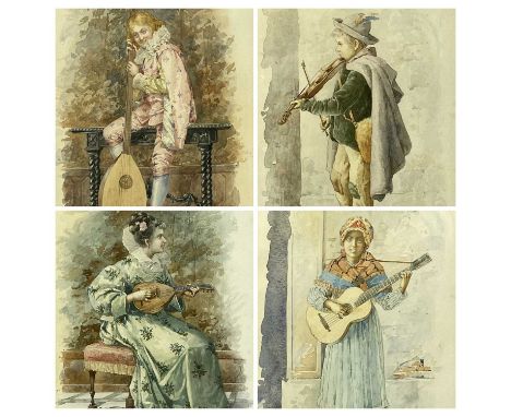 MANNER OF AURELIO ROBERTI (Italian. 1842-1915) set di quattro watercolours - children playing various musical instruments, 28