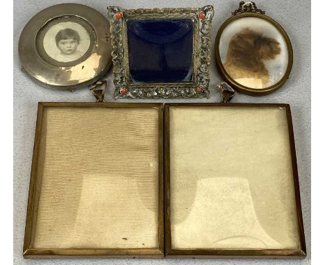 FIVE SILVER & OTHER MINIATURE PORTRAIT FRAMES comprising a circular example, 6.25cms (d), London 1920, indistinct makers mark