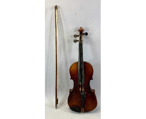 VINTAGE VIOLIN 35cms back, in case with bow, Provenance: deceased estate Denbighshire