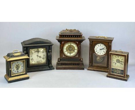 COLLECTION OF FIVE MANTEL CLOCKS, comprising a reproduction bracket clock, dial with silver chapter ring and visible pendulum