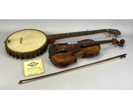 VINTAGE BANJO FIVE-STRING, 91cms L overall, in case, and a vintage violin, 38cms two-piece back, with bow (ivory tip plate re