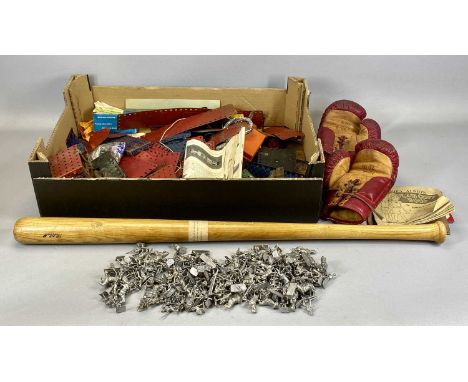 BOX OF MECCANO, QUANTITY OF UNPAINTED LEAD SOLDIERS &amp; HORSES, together with vintage Eaton leather boxing gloves, a pair, 