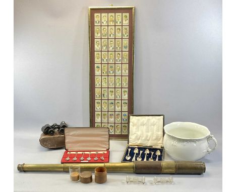 MIXED COLLECTABLES including an antique brass three draw telescope, 90cms (l extended), framed set of fifty players Cigarette