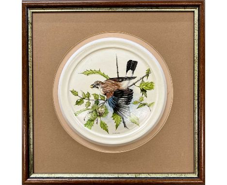 THOMAS GIBB (British, 20th Century) finely detailed painting on circular ceramic plaque - Jay perched on branch with nut, sig