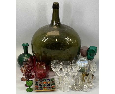 ANTIQUE &amp; LATER GLASSWARE including large hand blown green glass bottle, 48cms H, dimpled green glass decanter, 17cms H, 