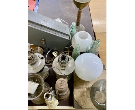 VINTAGE LIGHTING &amp; OTHER ITEMS, including Photax spot lamp in grey steel cabinet, on adjustable stand, 40cms L, brass oil