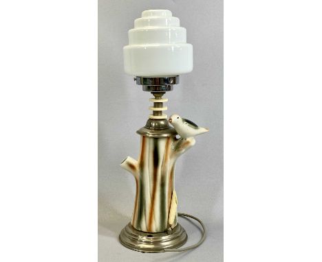 ART DECO BAKELITE & POTTERY TABLE LAMP, bird on a branch, metal base with pen holder, opaque enclosed glass shade, 47cms H 
