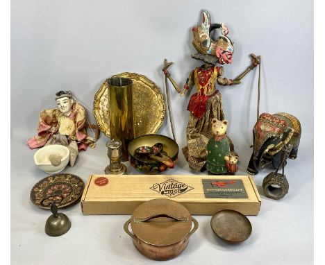 GROUP OF SOUVENIR & OTHER COLLECTABLES including Indonesian painted wood puppets 70cms (L), painted wooden elephant figure, 2