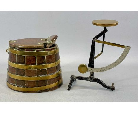 ANTIQUE BRASS BANDED OAK SALT BOX & SCALES the box of tapered oval form with hinged cover, 15cms (h) together with vintage pe