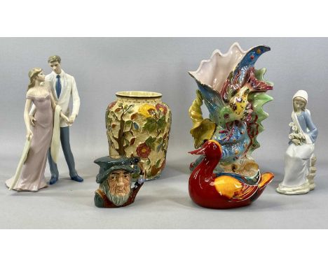 MIXED CERAMICS including Lladro seated lady holding lilies, 24cms (h), Woods Indian Tree pattern moulded vase, 22cms (h), Poo