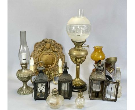 LAMPS &amp; OTHER ACCESSORIES, brass oil lamp with black surrounding base, single burner, etched globular glass shade, 66cms 
