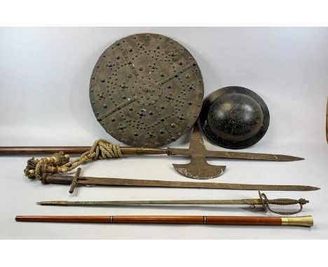 VARIOUS ANTIQUE STYLE WEAPONS AND OTHER ITEMS including a Halberd with wooden shaft, 224 (h), 102cms (l), a Spanish sword wit