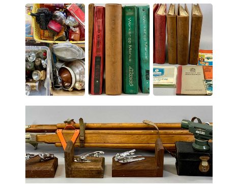 LARGE QUANTITY OF AUTOMOBILIA including three chrome car mascots mounted as bookends, vintage workshop manuals, various light