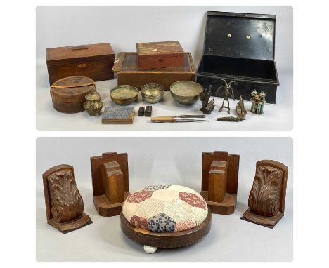 SMALL ANTIQUE FURNISHING ITEMS including Victorian double tea-caddy or sarcophagus form. 30.5cms (W), oak-carved acanthus lea
