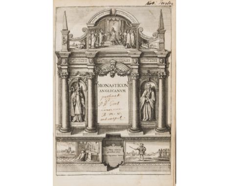 Dugdale (Sir William) Monasticon Anglicanum, 3 vol., first edition, additional engraved architectural title to vol.1, engrave