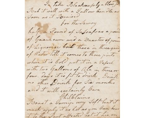 Cookery &amp; other recipes.- [Collection of recipes], manuscript, 47pp., incomplete at beginning, small tear on last f. not 