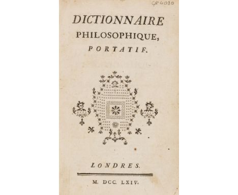 [Voltaire (François Marie Arouet de)] Dictionnaire philosophique, portatif, title with large woodcut ornament, woodcut head- 