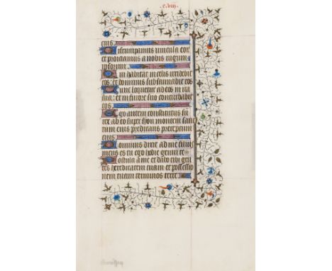 Book of Hours. Single leaf, illuminated manuscript in Latin, on vellum, in a large gothic bookhand, 18 lines, written in blac