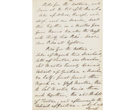 Medical.- [Collection of recipes], manuscript, 106pp. and 6pp. Contents, browned, disbound, spine defective, [c. 1840]; and a