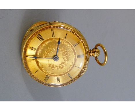 A Ladies 18 Carat Gold Pocket Watch with Engine Turned Decoration to Back Plate and Floral Etched Dial