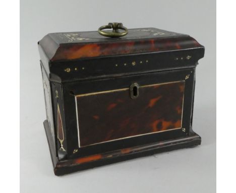 An Early 20th Century Tortoiseshell and Ebony Tea Caddy with Ivory Inlay (Some Losses to Inlay and Missing Interior)