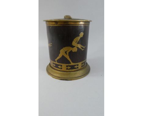 A Mid 20th Century Brass Inlaid Mahogany Tobacco Pot of Cylindrical Form Decorated with Children Playing 12.5cm high
