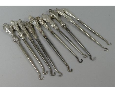 A Collection of Ten Silver Handled Button Hooks