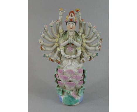 An Oriental Ceramic Study of Goddess Durga on Lotus Throne Decorated in Multicoloured Enamels