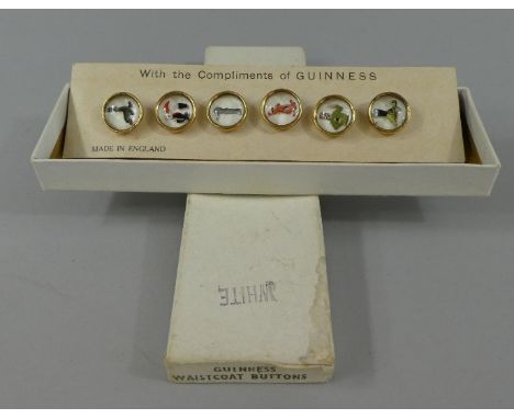 A Boxed Set of Six Vintage Gilt Metal and Glass Guinness Waistcoat Buttons