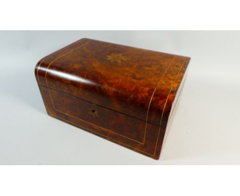 A 19th Century Burr Walnut String Inlaid Ladies Work or Jewellery Box with Buttoned Satin Lined Fitter Interior containing Ma