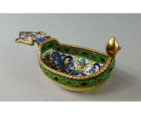 A Russian Silver Gilt and Enamel Kovsch Signed to Handle. The Bowl Profusely Decorated with Floriate Patterns. Pierced Rim In
