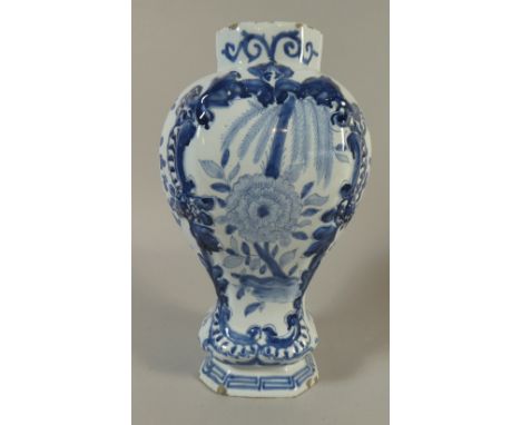 A 19th Century Blue and White Delftware Vase, Hand Painted with Centre Cartouche Depicting Chrysanthemum, In the Oriental Sty