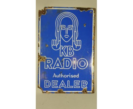 An Early 20th Century Double Sided Advertising Sign for KB Radio in Blue and White Vitreous Enamel. 49x33cms