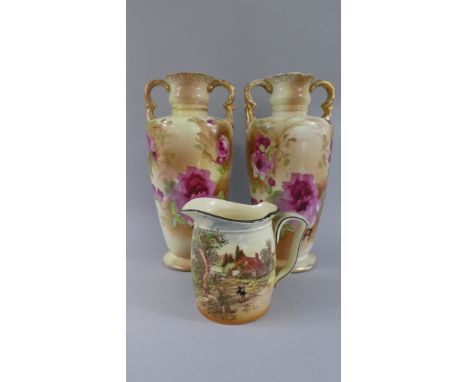 A Pair of Mid 20th Century Rose Patterned Ceramic Vases and a Royal Doulton Rustic England Jug No.d5694 