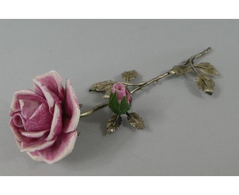 A Continental Silver and Ceramic Study of a Rose (Stamped 800)