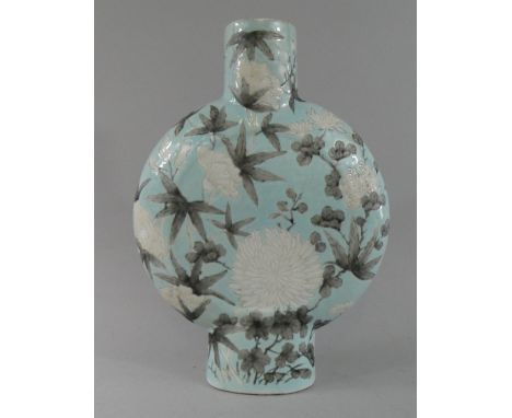 A Late 19th/Early 20th Century Oriental Moon Flask. 22.5cms Tall. Turquoise Ground with Grey and White Chrysanthemum and Lili