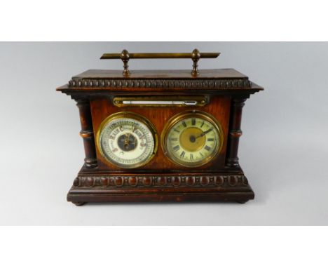 A Late Victorian Oak Weather Station with Brass Mounts, Clock, Aneroid Barometer and Temperature Scale, 28cm Wide