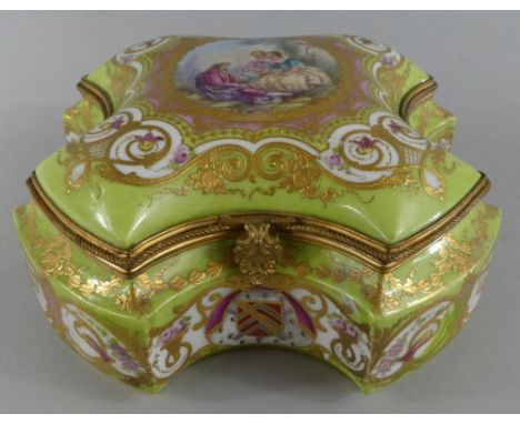An 18th Century French Ormolu Mounted Porcelain Box by Sevres (AF) Green Ground Decorated with Gilt and Floral Enamel Work. C