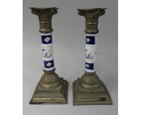 A Pair of Metal Candle Sticks with Ceramic Centres with Imari Colourway Design, One AF, 21cm High 