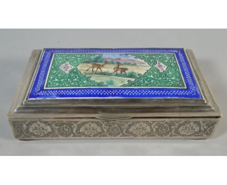 An Indo Persian White Metal Lidded Box, Hinged Lid with Ceramic Panel depicting Antelope, Bordered in Green and Blue Enamels.