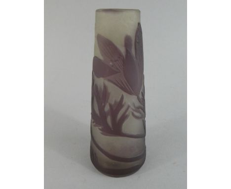 A Small Tapering Cylindrical Cameo Art Glass Vase, Signed Galle. Decorated with Amethyst Coloured Flowers and Leaves, 