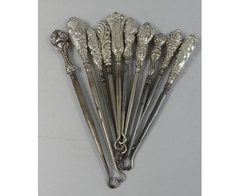 A Collection of Ten Silver Mounted Button Hooks