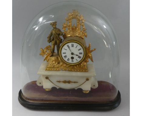 A Cased French Mantle Clock Under Glass Dome with Gilt Figural Decoration Supported on Alabaster Base 