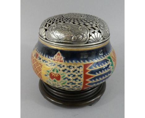 A Good Quality Japanese Ceramic Potpourri with Pierced and Etched White Metal Top. Decorated Body in Multicoloured Enamels an