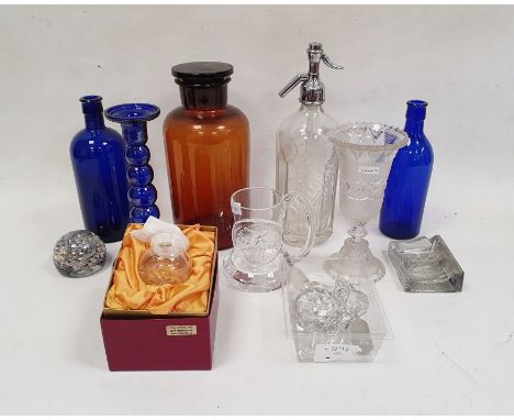 Collection of glassware, including a vintage British Syphon & Co soda bottle and metal cover (30.5cm high), a Wedgwood mustar