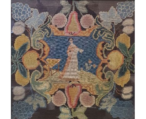 Petitpoint and grospoint woolwork tapestry of a woman and fruit, 40cm x 40.5cm