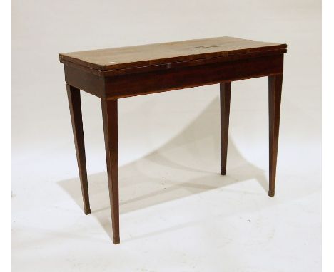 19th century mahogany and satinwood strung card table, on square section tapering supports, 91cm x 74cm