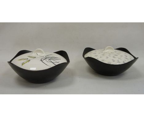 Two Midwinter Fashion shape tureens and covers, mid century, printed black marks, each shaped square black ground tureen with